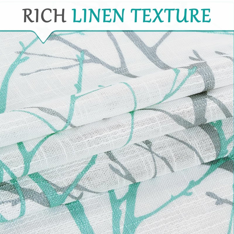 FMFUNCTEX Linen Semi Sheer Curtains for Bedroom, Auqa Blue White Curtains 96 Inches Long for Living Room, Grey Tree Branch Patterned Curtain Light Filtering Window Drapes, Grommet Top 2 Panels - Image 4